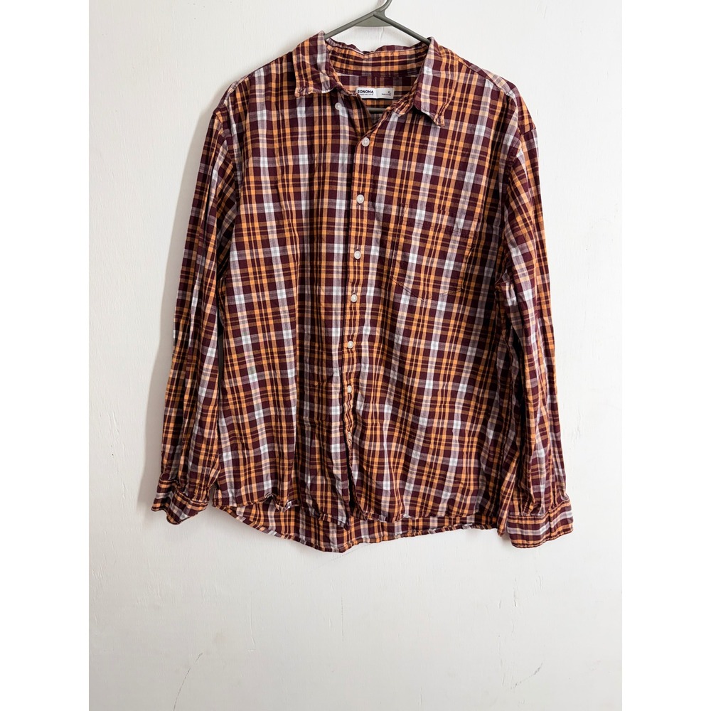 Sonoma Goods For Life Mens XL Plaid Button Down Shirt Burgundy Orange L/S